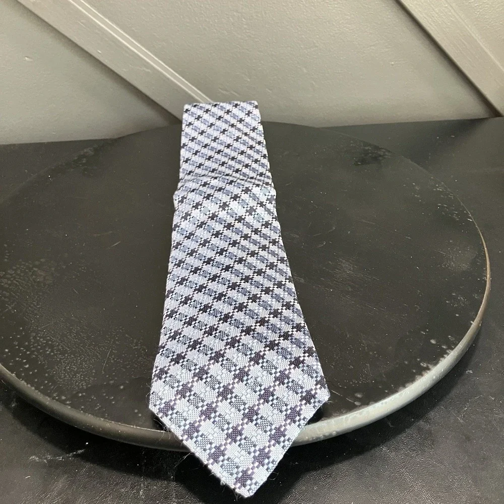 Escada 100% Silk Necktie Blue Navy Black Geometric Woven Check Luxury Tie